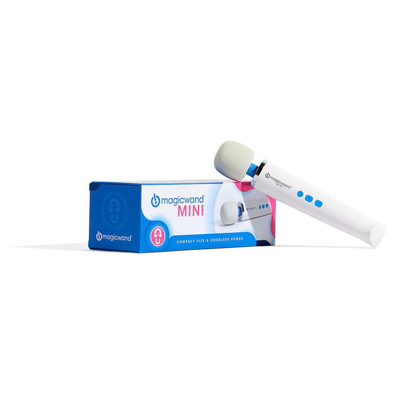 Magic Wand Mini -  Rechargeable Massage Wand next to its packaging, showcasing compact design and powerful features.