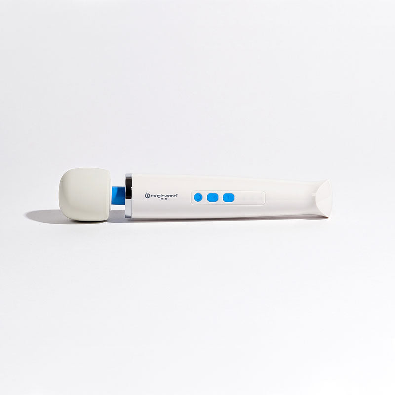 Magic Wand Mini -  Rechargeable Massage Wand on white background, showcasing its design and controls.