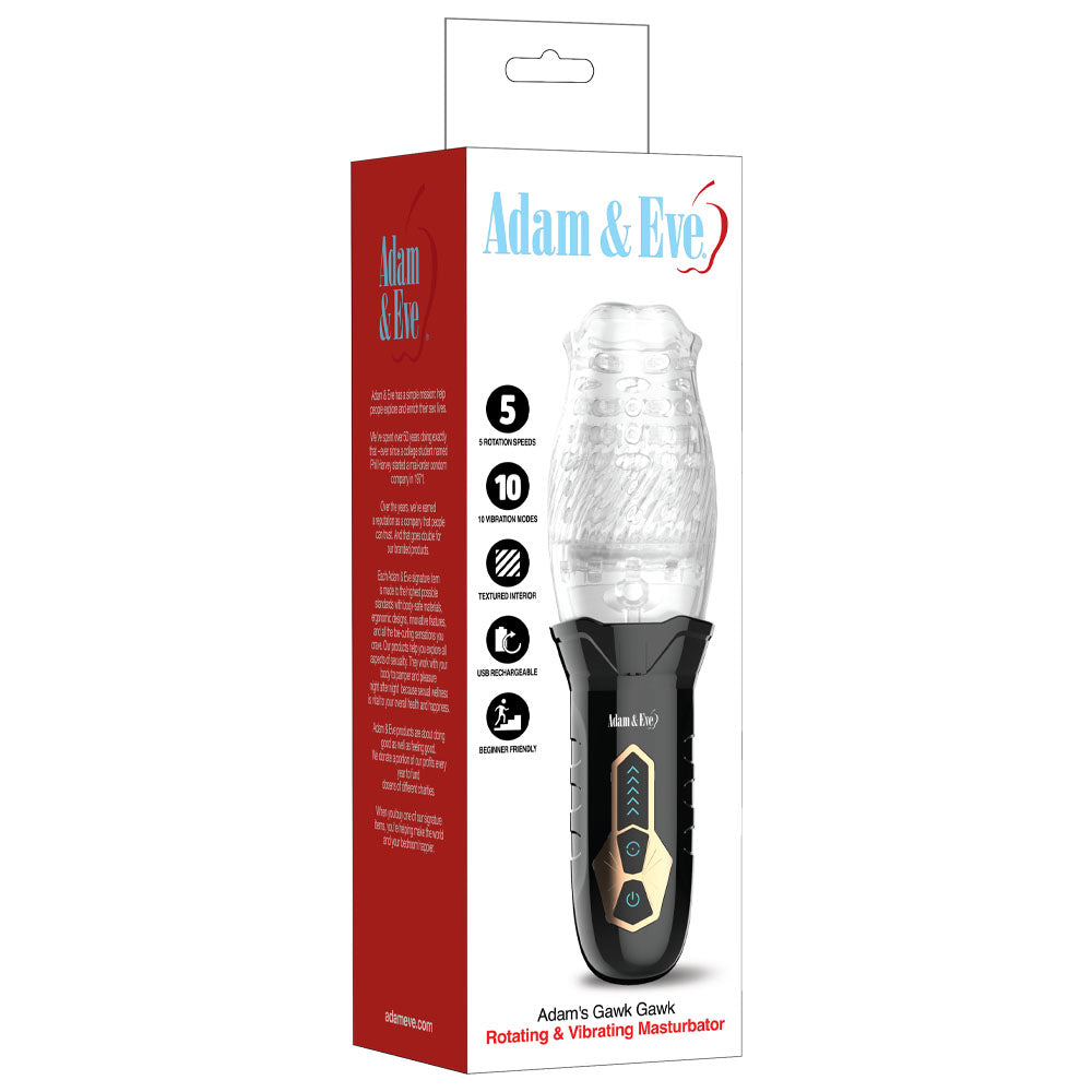 Adam & Eve Adam's Gawk Gawk - USB Rechargeable Rotating Masturbator packaged with details on features and functions.