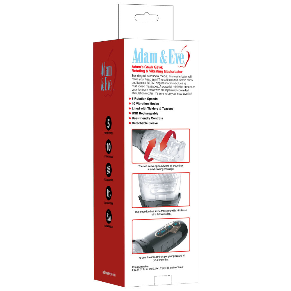 Adam & Eve Adam's Gawk Gawk - USB Rechargeable Rotating Masturbator packaging showing features and specifications.