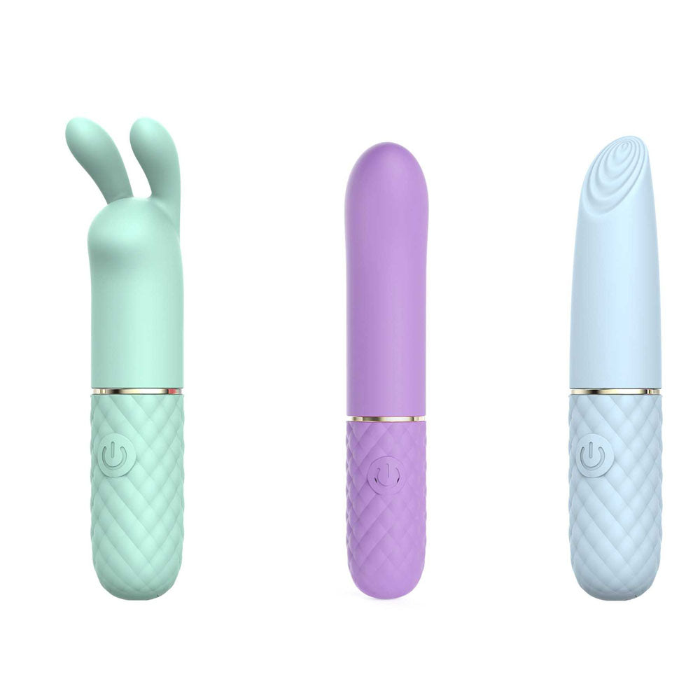 Adam & Eve TRIPLE PLEASURES - USB Rechargeable Vibrators - Set of 3 featuring bunny eared, bullet, and G-spot vibes.
