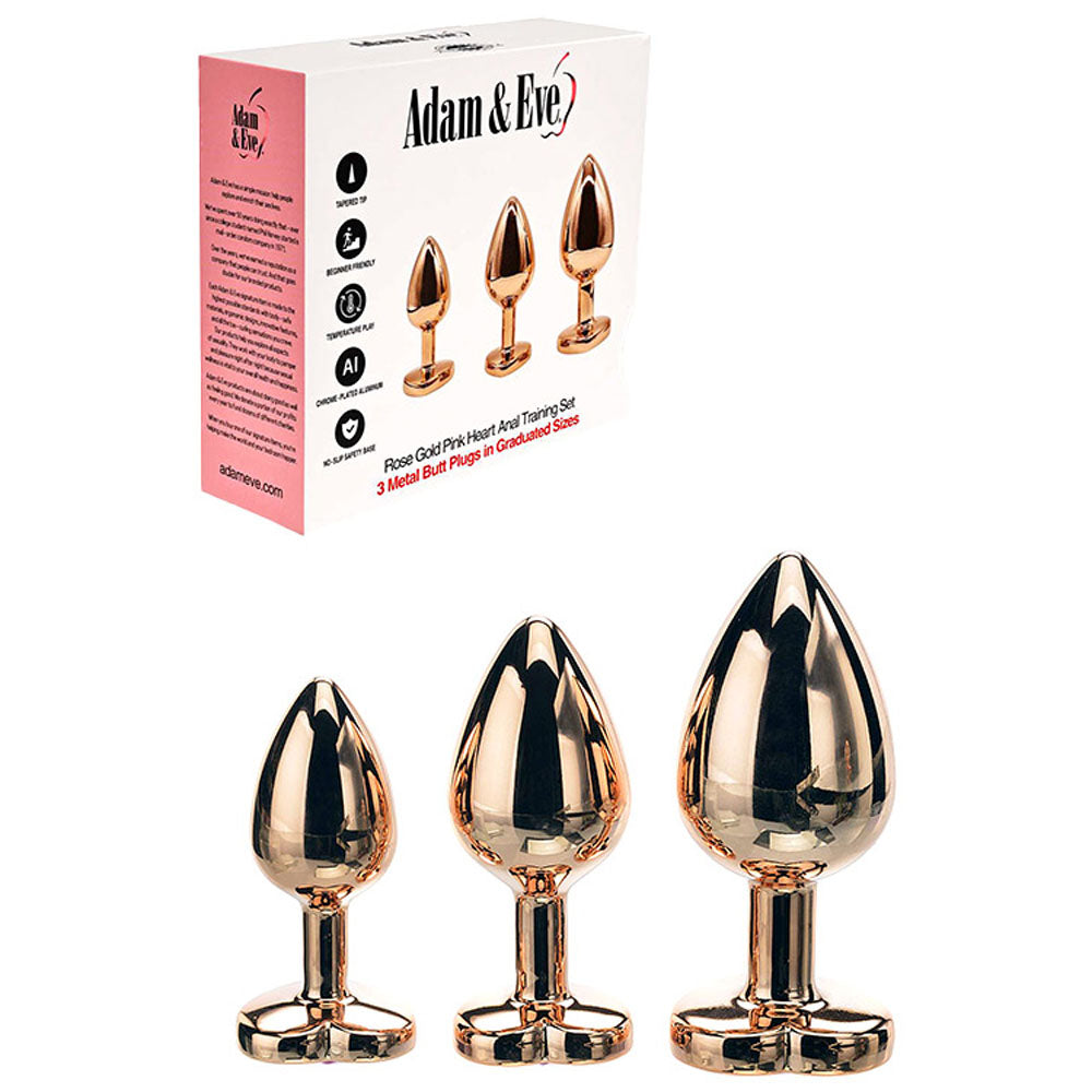 Adam & Eve  HEART GEM ANAL TRAINING SET -  Metal Anal Plugs with Pink Gem Bases - Set of 3 Sizes displayed with packaging.