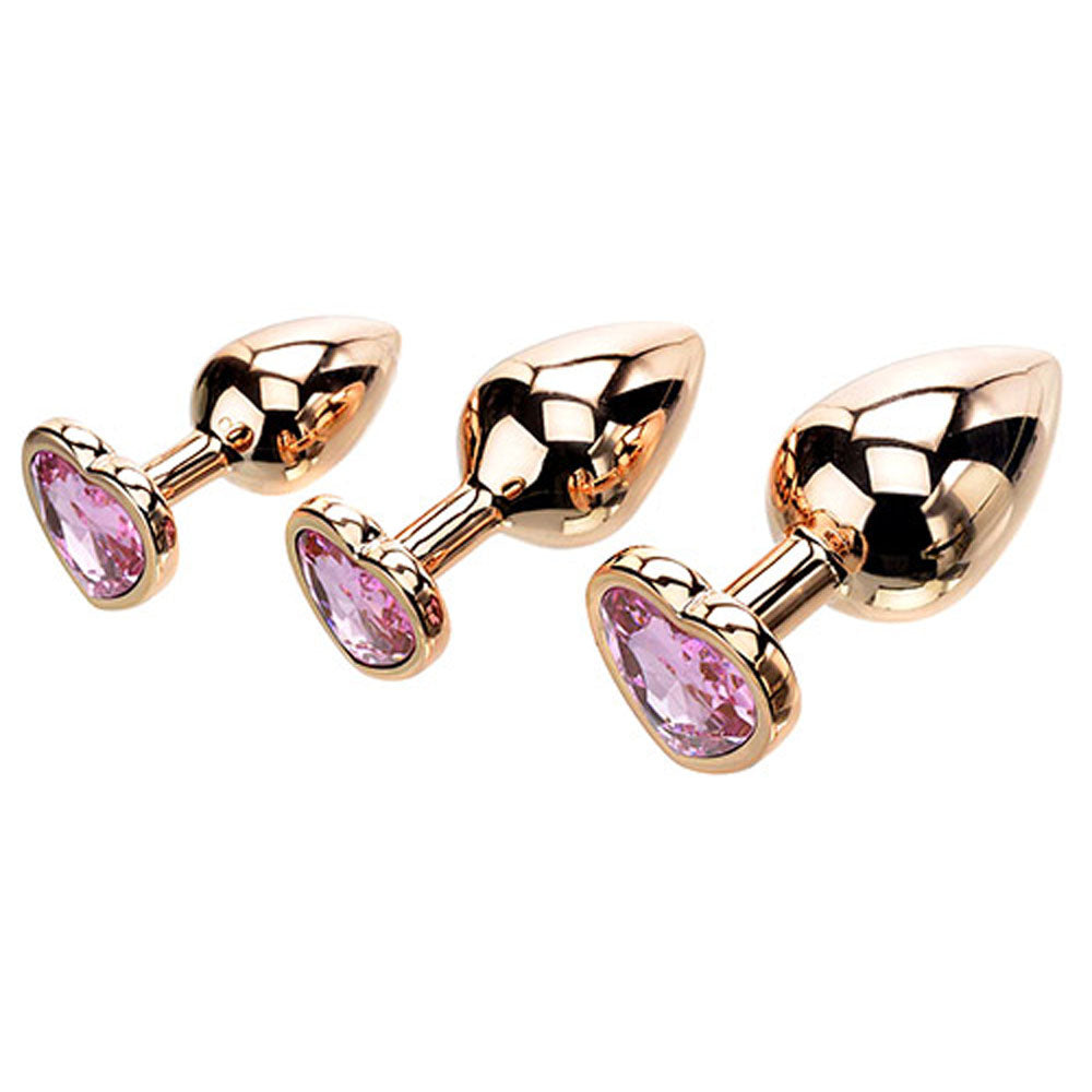 Adam & Eve HEART GEM ANAL TRAINING SET - Metal Anal Plugs with Pink Gem Bases - Set of 3 Sizes.