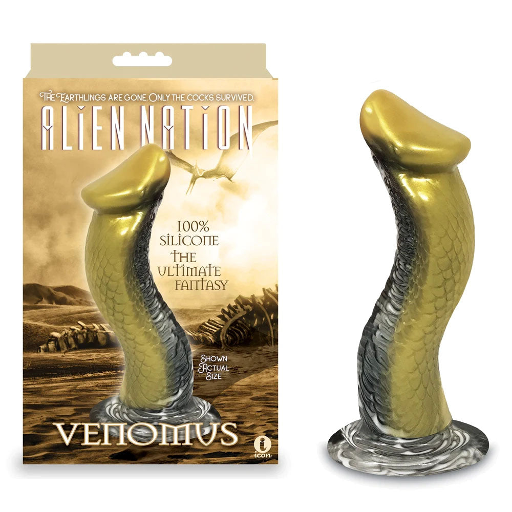 Alien Nation - Venomus - Gold 22.9 cm Snake Fantasy Dong, 100% silicone toy for intimate essentials and adult novelty.