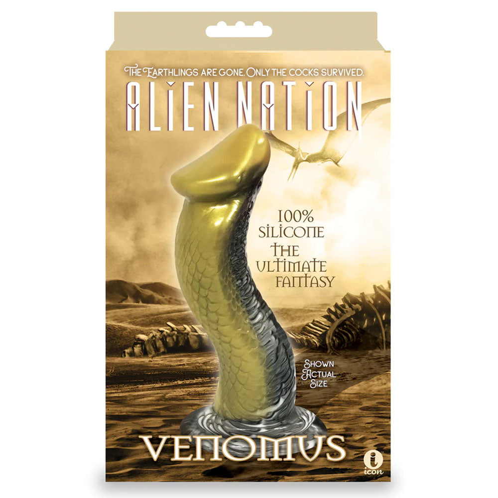 Alien Nation - Venomus - Gold 22.9 cm Snake Fantasy Dong packaging featuring a silicone design, showcasing the ultimate fantasy for adults.