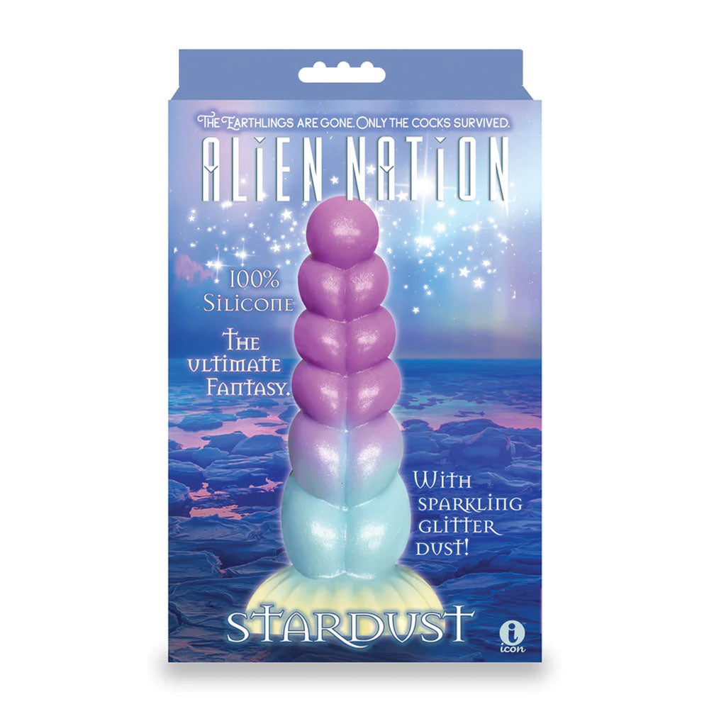Alien Nation - Stardust - Glitter Rainbow 21 cm Fantasy Dong packaging showcasing its silicone design and sparkling glitter.
