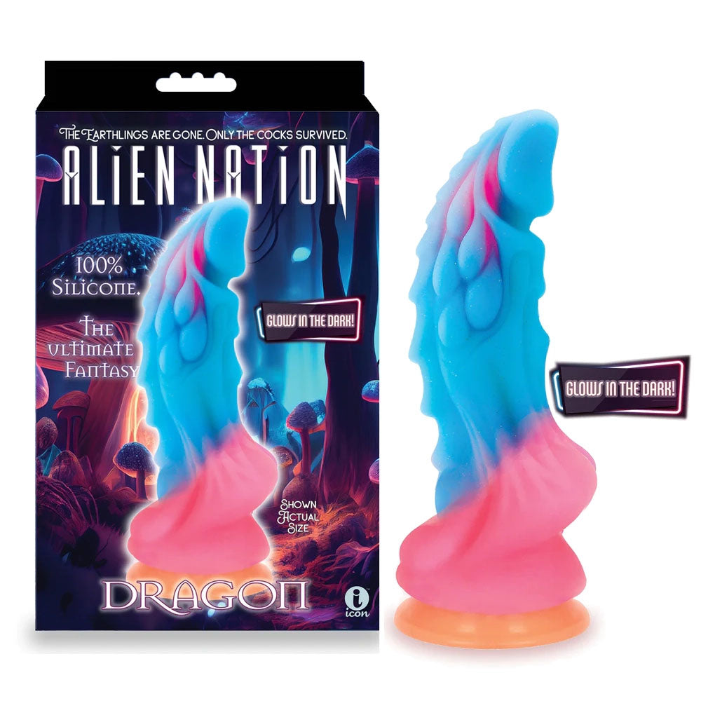 Alien Nation Glow Dragon, glow in the dark fantasy dong, 22.9 cm silicone toy, colorful design.