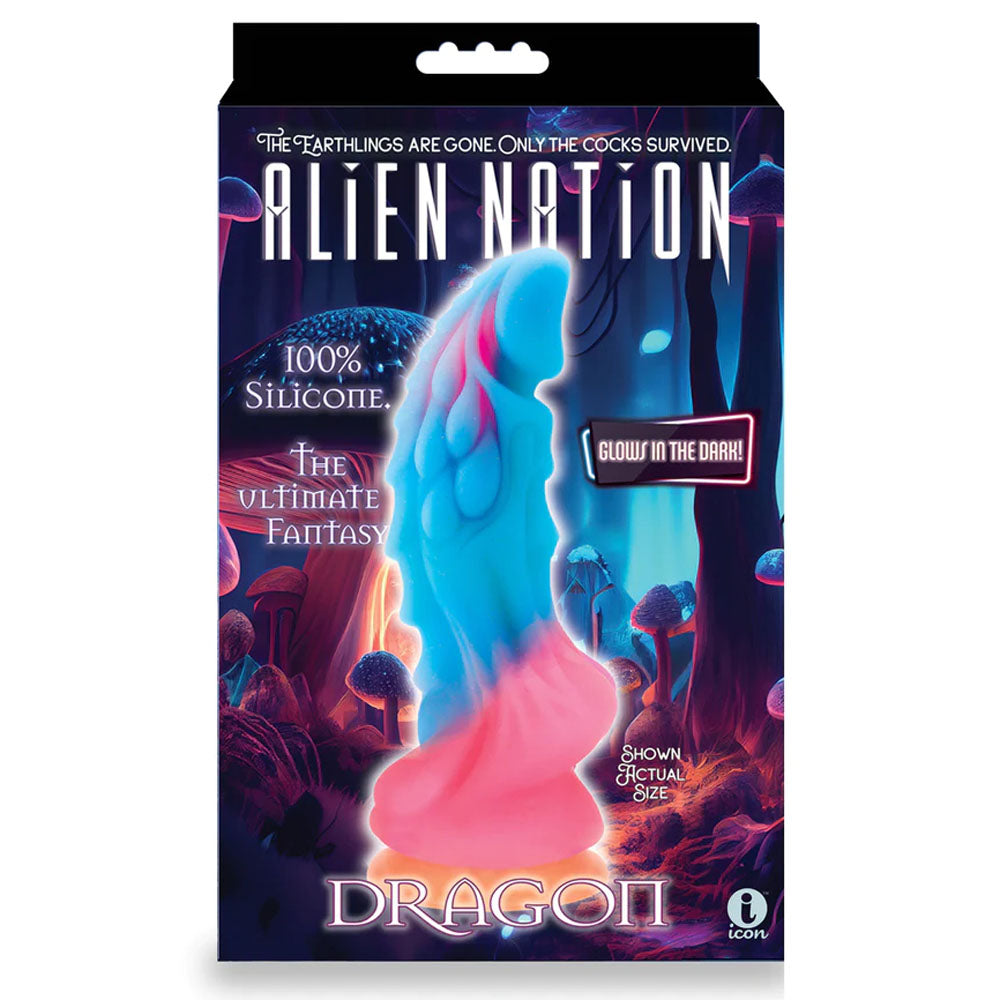 Alien Nation Glow Dragon packaging featuring a glow in the dark fantasy dong, 100% silicone, ultimate fantasy experience.