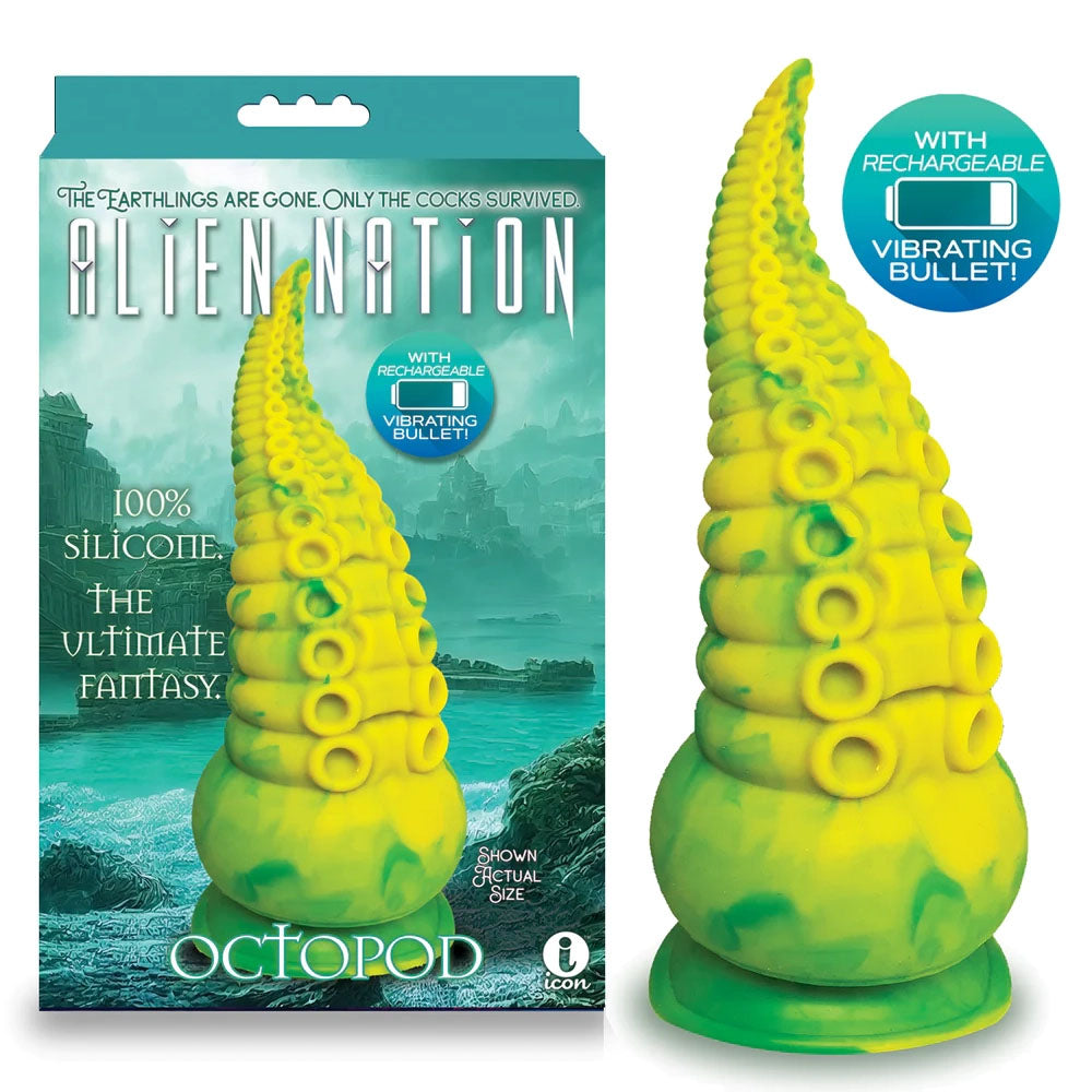Alien Nation - Octopod - Yellow/Green 22.9 cm USB Rechargeable Vibrating Fantasy Dong with silicone design and vibrating bullet