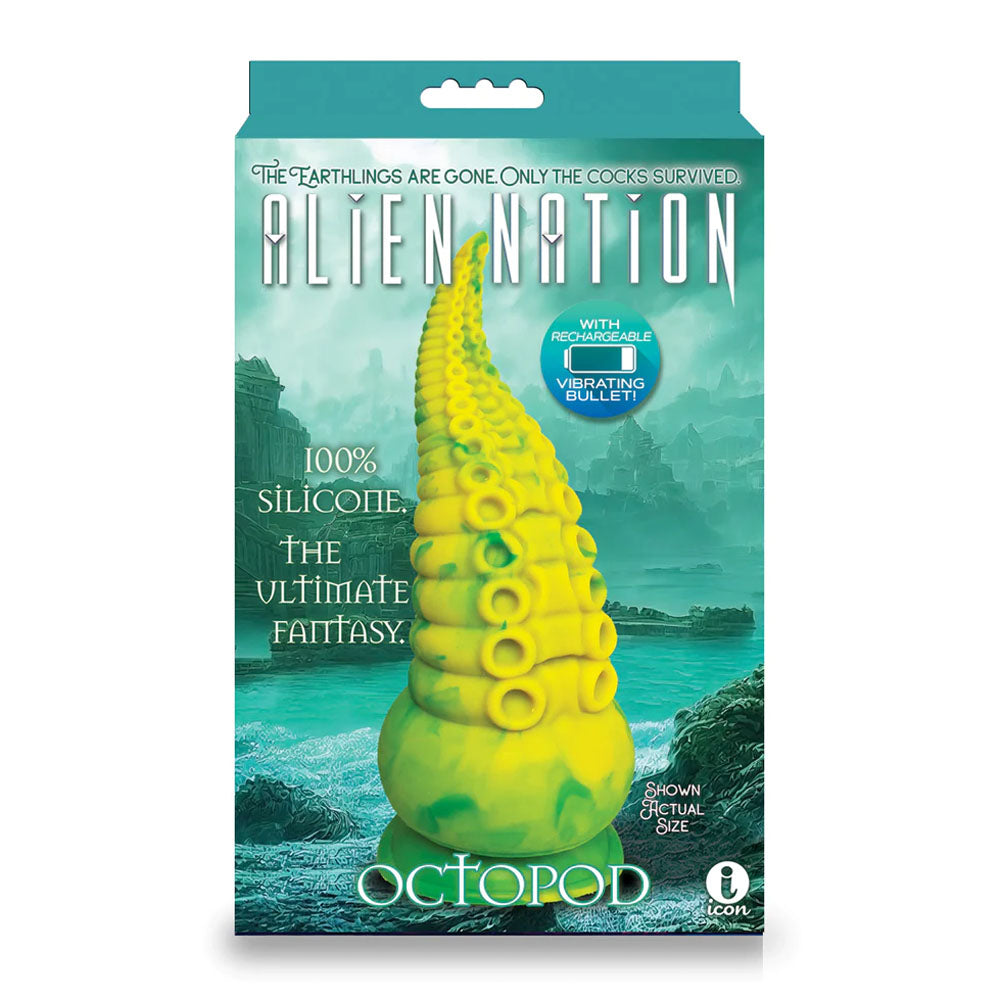 Alien Nation - Octopod - Yellow/Green 22.9 cm USB Rechargeable Vibrating Fantasy Dong packaging with vibrant design.