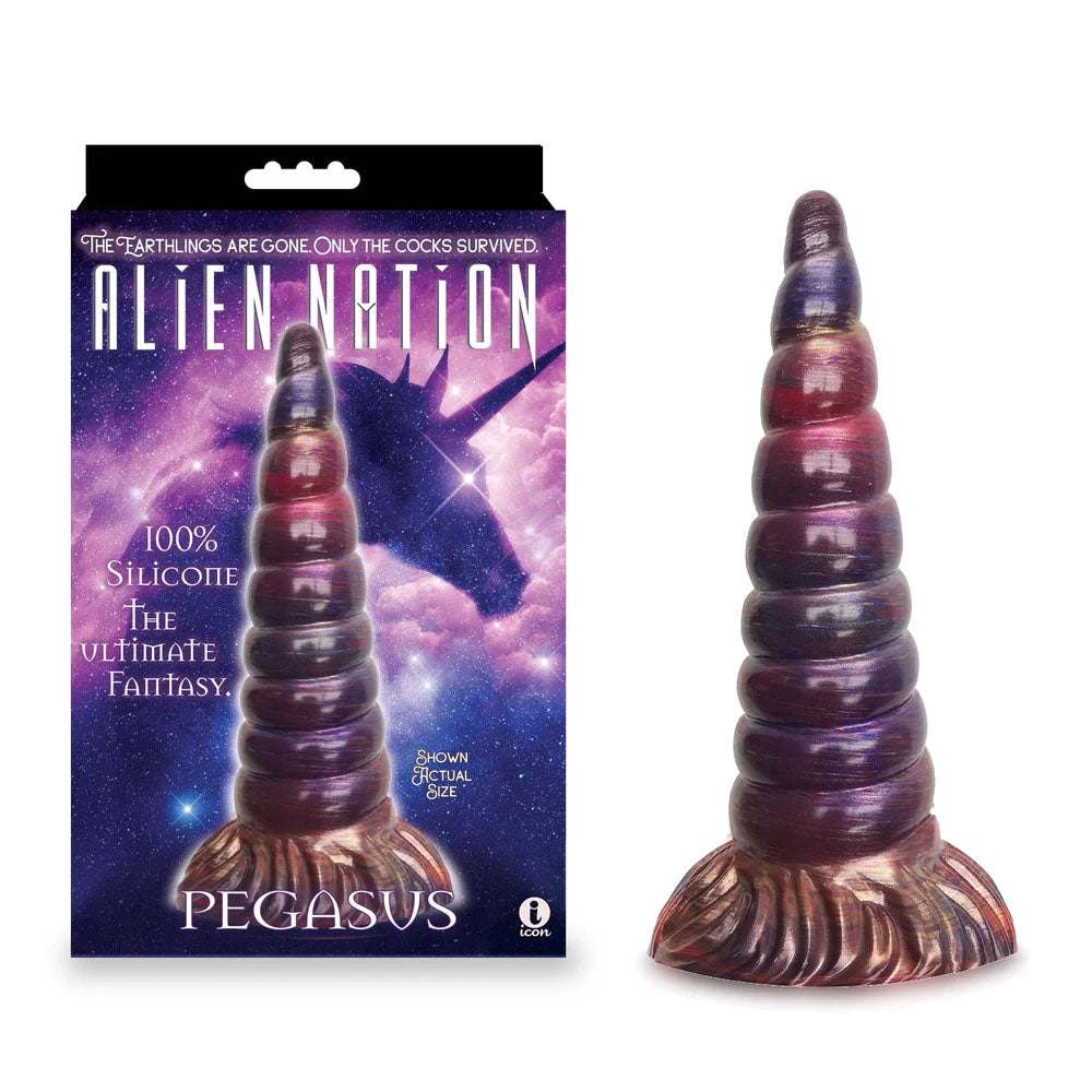 Alien Nation - Pegasus - Metallic 20.3 cm Unicorn Fantasy Dong displayed with packaging, adult novelty and intimate essentials for her.