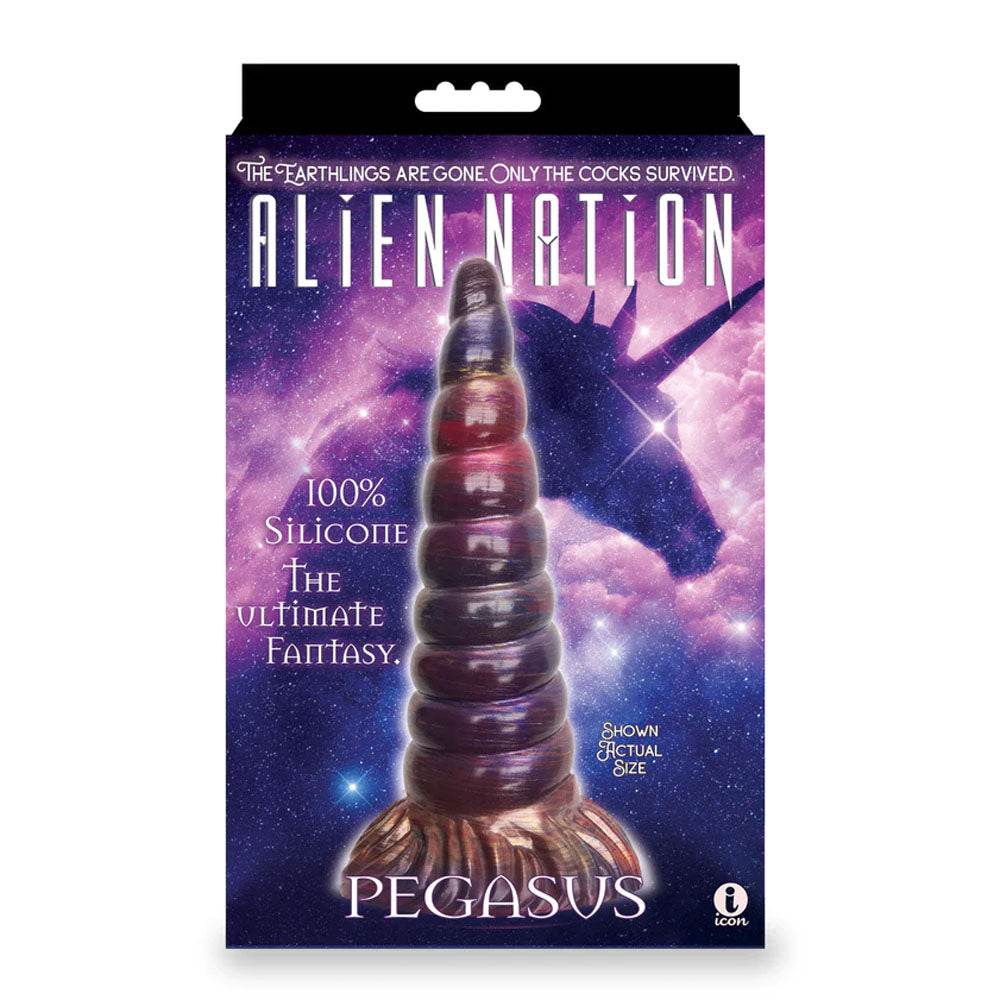 Alien Nation - Pegasus - Metallic 20.3 cm Unicorn Fantasy Dong packaging featuring vibrant colors and space background.