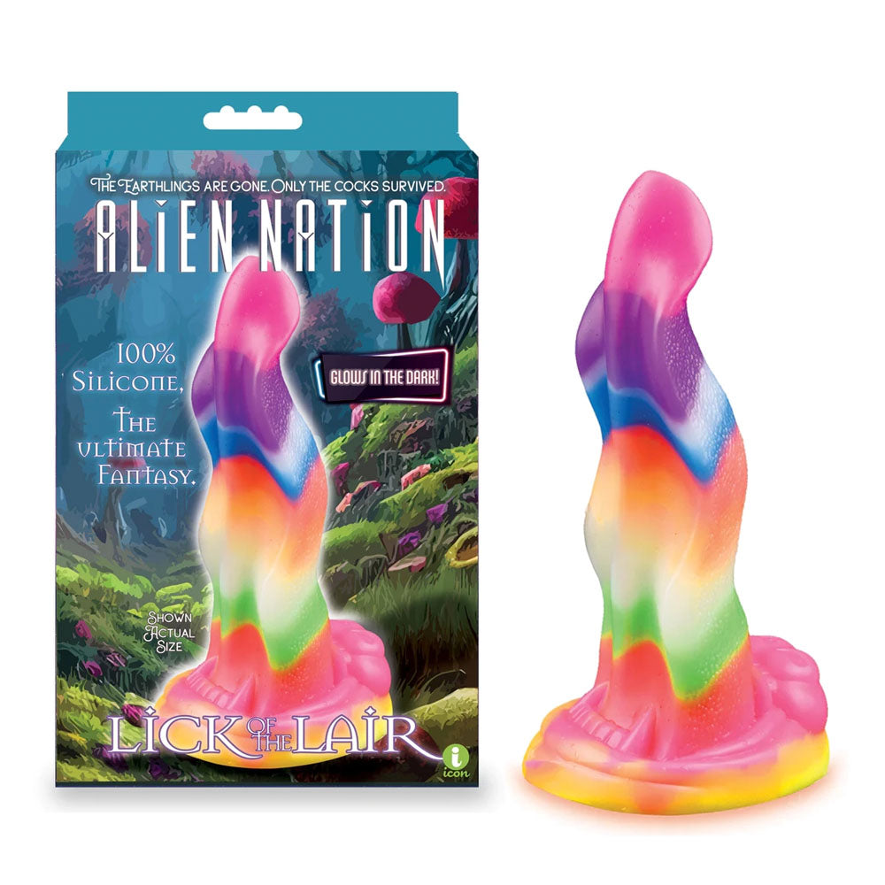 Alien Nation - Lick Of The Lair - Glow in Dark Rainbow 17.8 cm Fantasy Dong with vibrant colors and packaging.