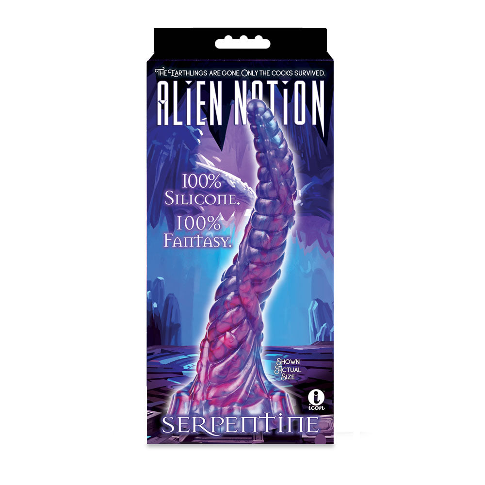 Alien Nation - Serpentine - 30 cm Fantasy Dong packaging featuring 100% silicone and vibrant fantasy design.