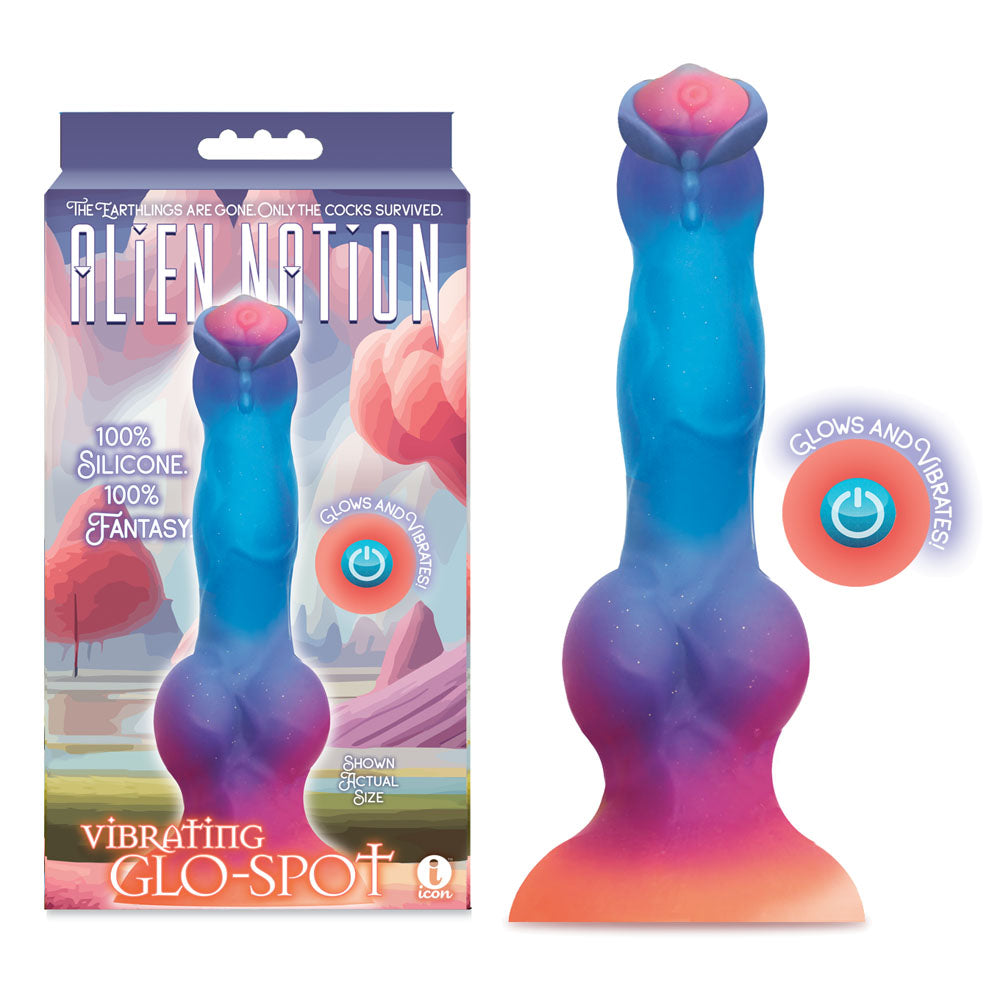 Alien Nation Glo-Spot glow in the dark vibrating dong product packaging and design overview.