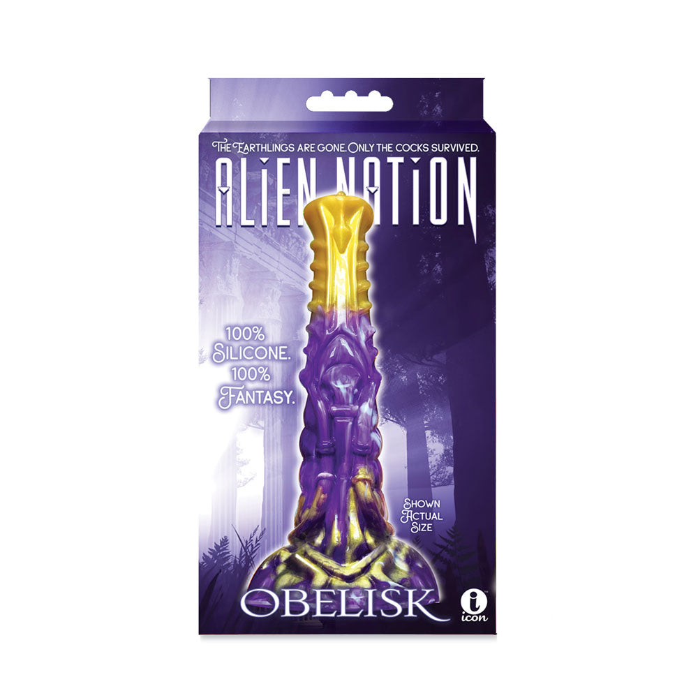 Alien Nation - Obelisk - /Gold 22.2 cm Fantasy Dong packaging featuring silicone design and vibrant colors.