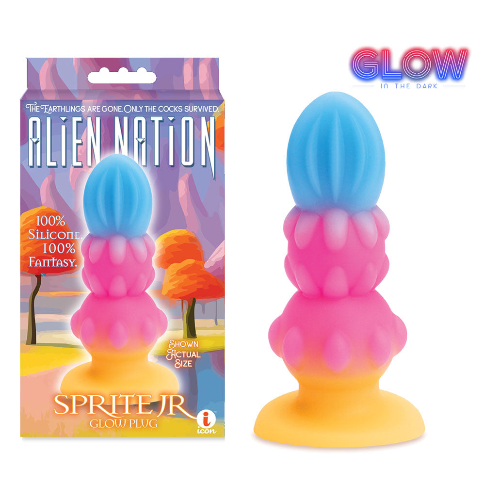 Alien Nation - Sprite Jr. - Glow in Dark 10.8 cm Fantasy Anal Plug featuring vibrant colors and silicone material.