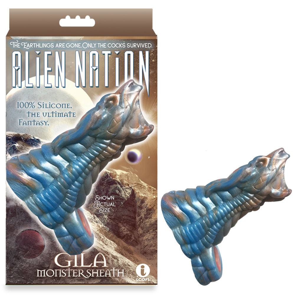 Alien Nation - Gila - /Gold 14 cm Penis Sheath packaging featuring a silicone design and surreal alien aesthetics.