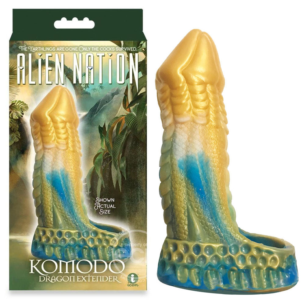 Alien Nation - Komodo - Blue/Gold 16.5 cm Penis Extender Fantasy Sleeve displayed in packaging.