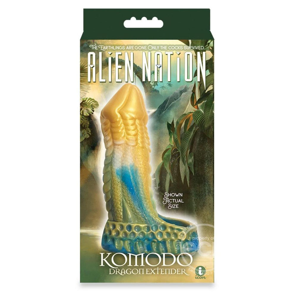Alien Nation - Komodo - Blue/Gold 16.5 cm Penis Extender Fantasy Sleeve packaging featuring vibrant colors and design.
