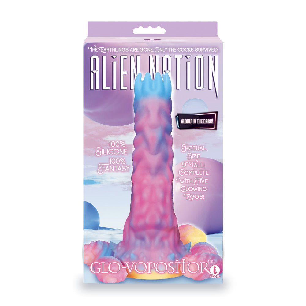 Alien Nation - Glovopositor - 22.9 cm Ovipositor Fantasy Dildo packaging featuring vibrant colors and glowing eggs.
