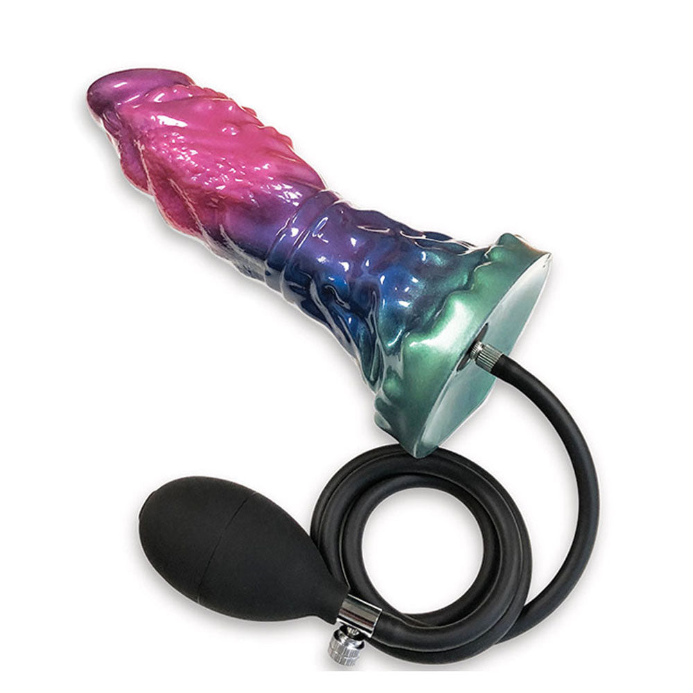 Alien Nation Expandor inflatable fantasy dildo in vibrant colors with pump attachment for adjustable size.