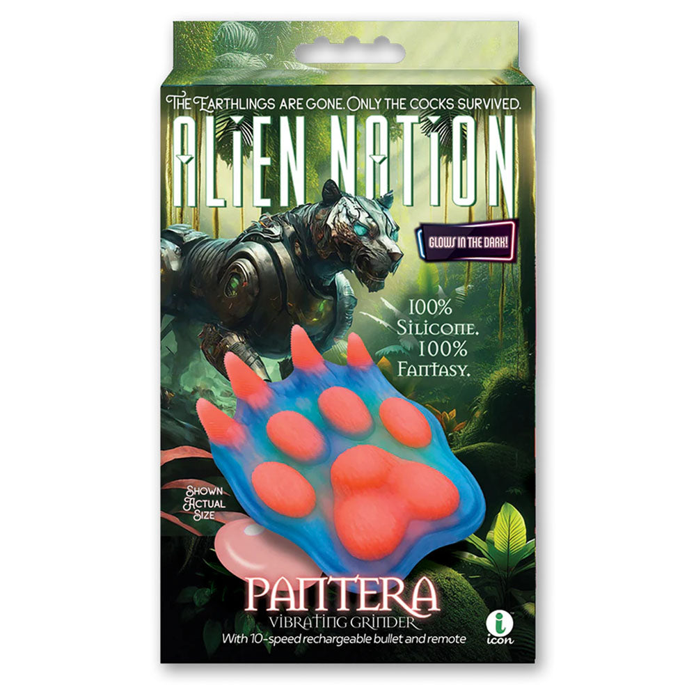 Alien Nation - Pantera -  USB Rechargeable Vibrating Fantasy Grinder Pad with Remote packaging featuring a colorful paw design.