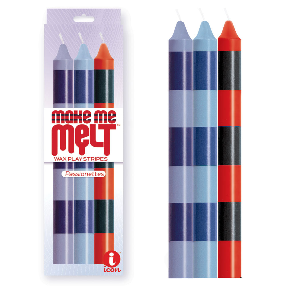 The 9's Make Me Melt Drip Candle 3-Pk, Passionettes - Passion  Drip Candles - 3 Pack with colorful striped design.
