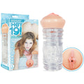 Hey 19! Leah Gotti - /Clear Teen Vagina Stroker with packaging and close-up view of the stroker.