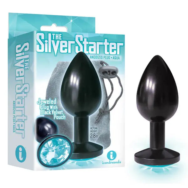 The Silver Starter - Anodised  7.1 cm (2.8'') Butt Plug with Aqua Round Jewel Icon Brands Discreet Intimate Essentials.