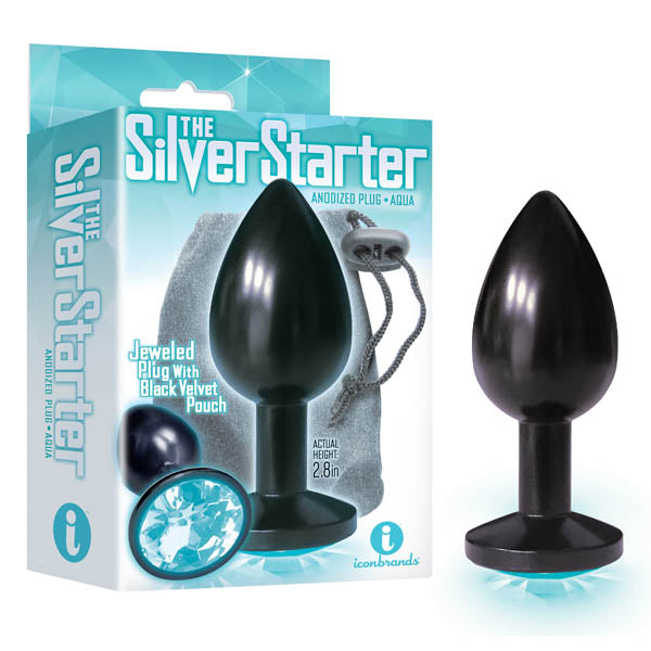 The Silver Starter anodised butt plug for beginners with aqua jewel and black velvet pouch.