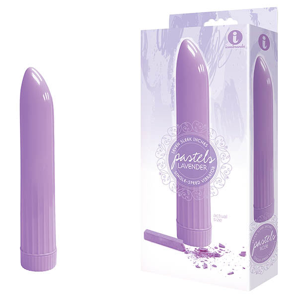 The 9's Pastel Vibes - Lavender 17.8 cm (7'') Vibrator in packaging, showcasing its sleek design and vibrant color.
