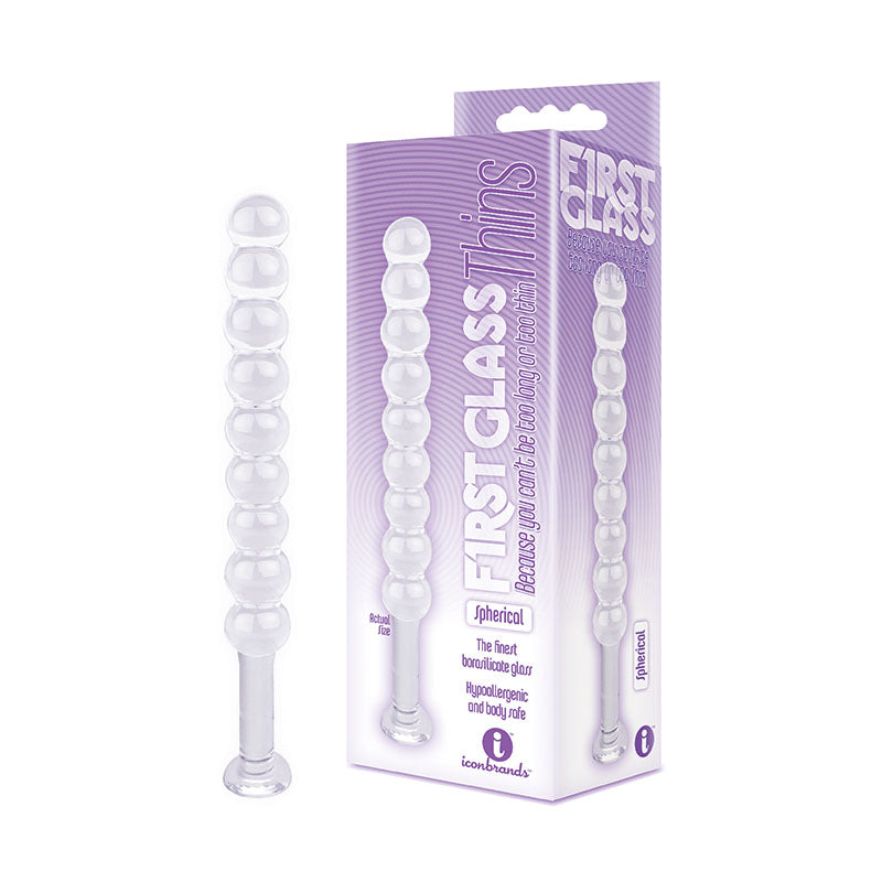 The 9's First Glass Thins, Spherical - Glass 17.8 cm Anal Beads packaging and product display.