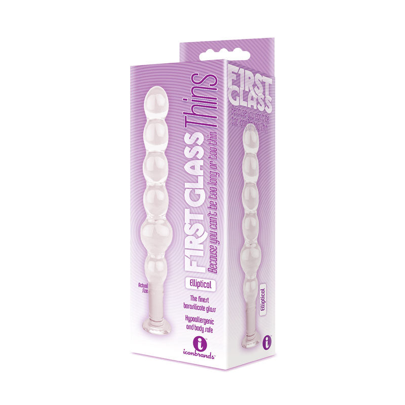 The 9's Glass First Thins, Elliptical -  Glass 17.8 cm Anal Beads packaging featuring smooth, clear design for intimate essentials.