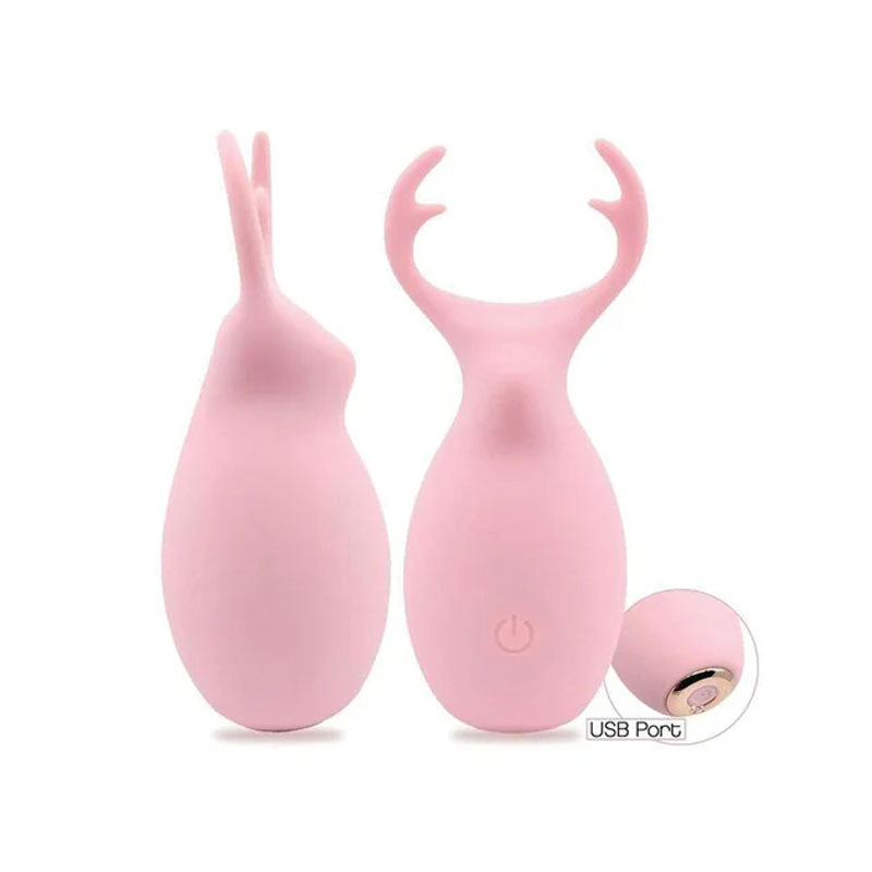 Buzzy Buddy, Hello My Deer -  -  USB Rechargeable Stimulator in pink silicone, showcasing USB port and playful design.