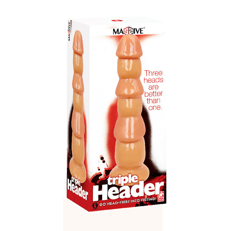 Massive Triple Header - Flesh 3 Dick Head Dildo in packaging highlighting three heads for enhanced pleasure.