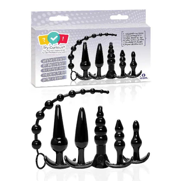 Try-Curious Anal Plug Kit - Black Anal Kit - Set of 6 Icon Brands Discreet Intimate Essentials.