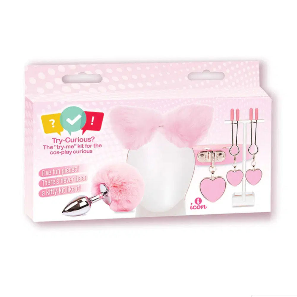 Try-Curious Kitty Kit -  Cosplay Kit - 5 Piece Set packaging showcasing playful pink toys for roleplay.