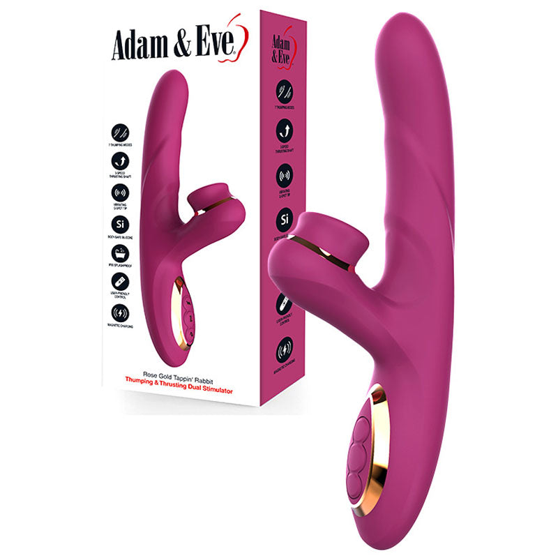 Adam & Eve ROSE GOLD TAPPIN RABBIT - 22.5 cm USB Rechargeable Tapping & Thrusting Rabbit Vibrator with dual stimulation features.