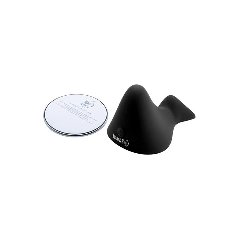 Adam & Eve THE RUMBLING RIDER -  Rechargeable Vibrating Grinder Pad next to user guide on a white background.