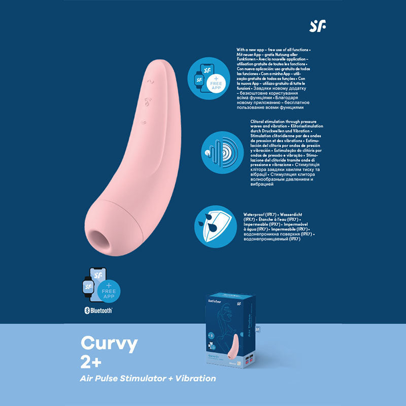 Satisfyer Curvy 2+ - App Contolled Touch-Free USB-Rechargeable Clitoral Stimulator with Vibration features a pink design.
