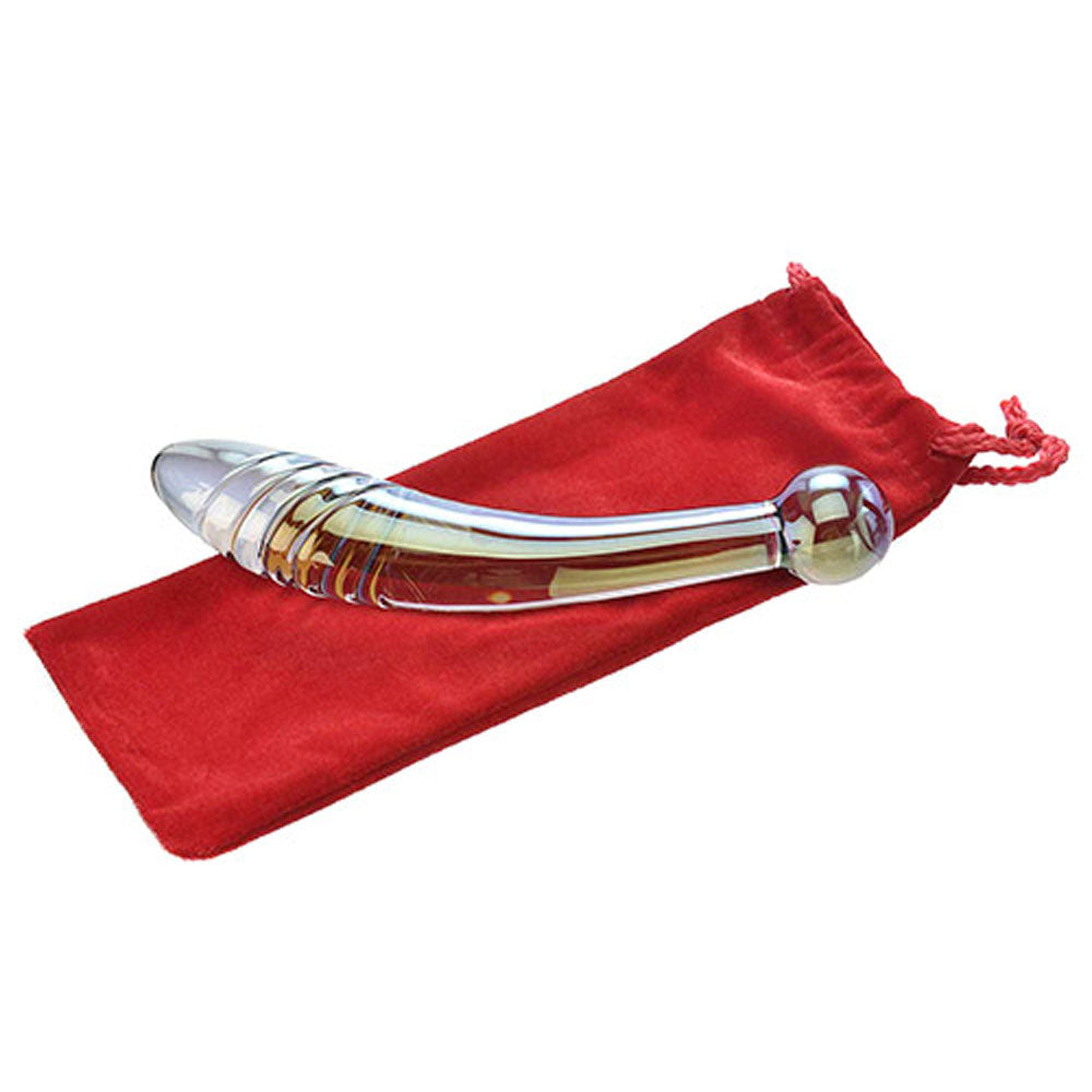 Adam & Eve FAIRY WAND - 22 cm Glass Dildo resting on a red velvet pouch, showcasing its elegant design.