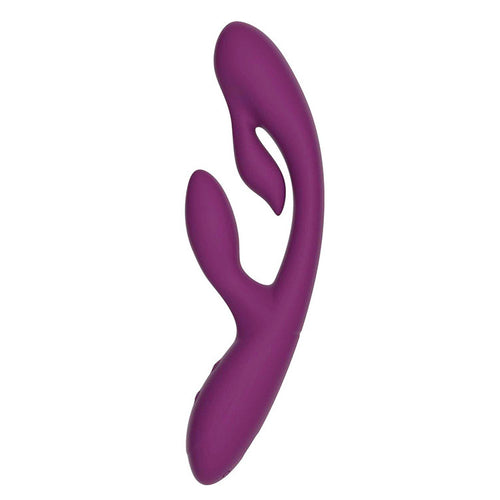 Adam & Eve G-VIBE + 23 cm USB rechargeable triple stimulating vibrator in vibrant purple color.