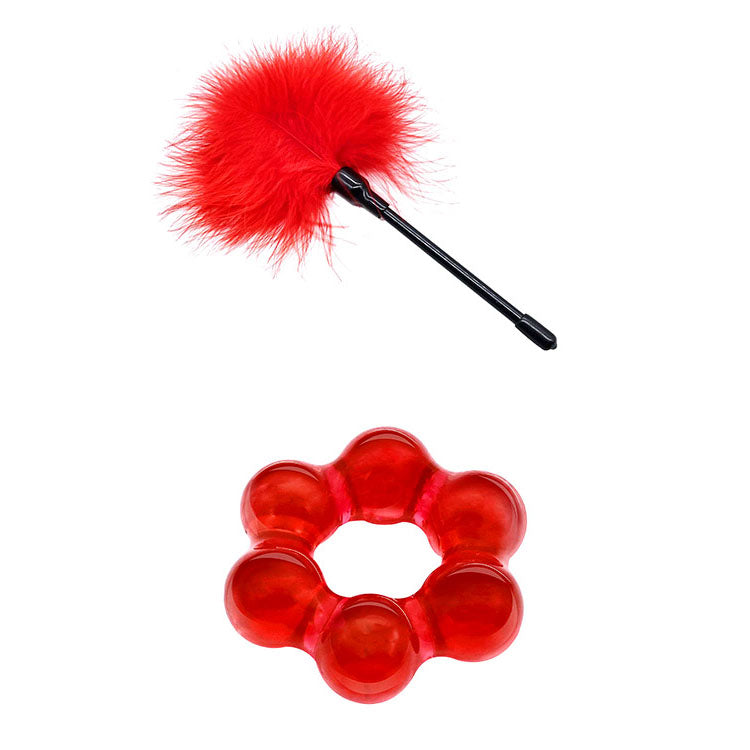 Adam & Eve SENSUAL SCARLET NIGHTS - Black/ Couples Bondage Kit - Set of 10 Pieces featuring red feather tickler and silicone ring.