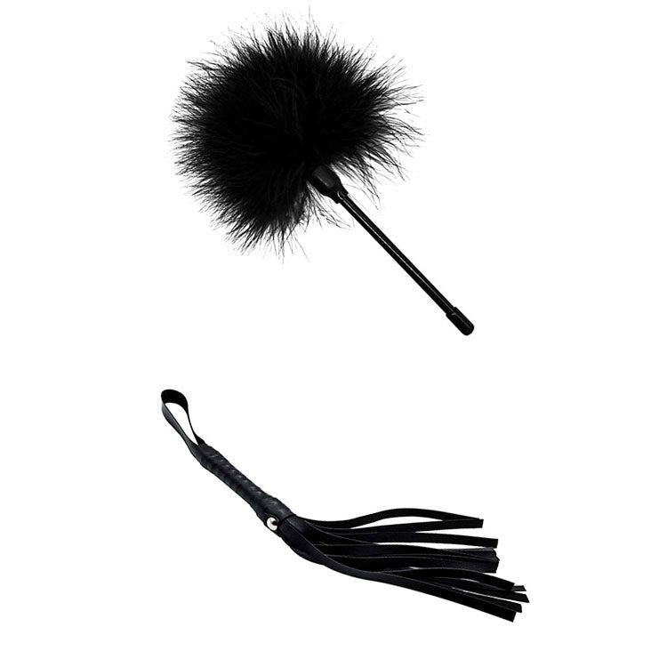 Adam & Eve MIDNIGHT MOODS COLLECTION - Couples Bondage Kit - Set of 10 Pieces featuring a feather tickler and leather whip.