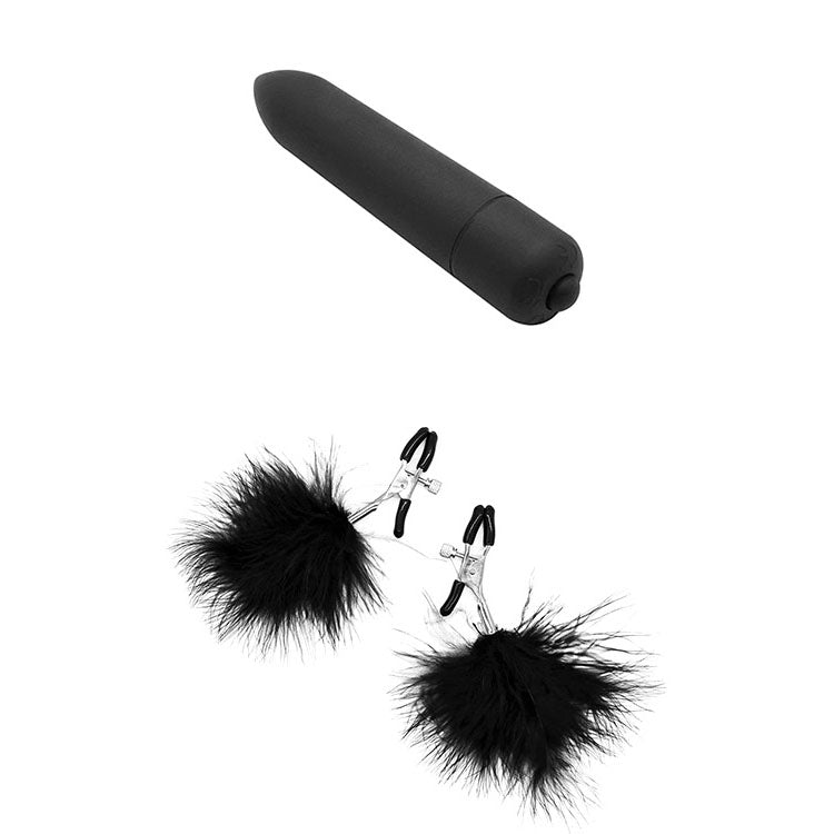 Adam & Eve MIDNIGHT MOODS COLLECTION - Couples Bondage Kit - Set of 10 Pieces featuring a bullet vibe and feather nipple clamps.