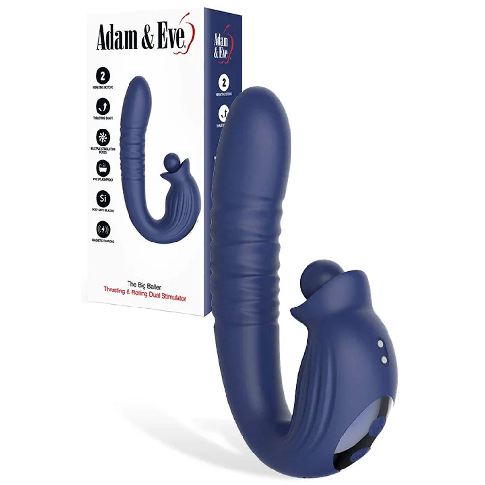 Adam & Eve THE BIG BALLER - Navy 18.8 cm USB Rechargeable Thrusting Rabbit Vibrator next to its packaging.