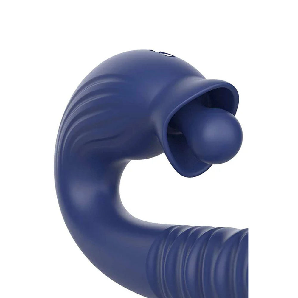 Adam & Eve THE BIG BALLER - Navy 18.8 cm USB Rechargeable Thrusting Rabbit Vibrator close-up view.