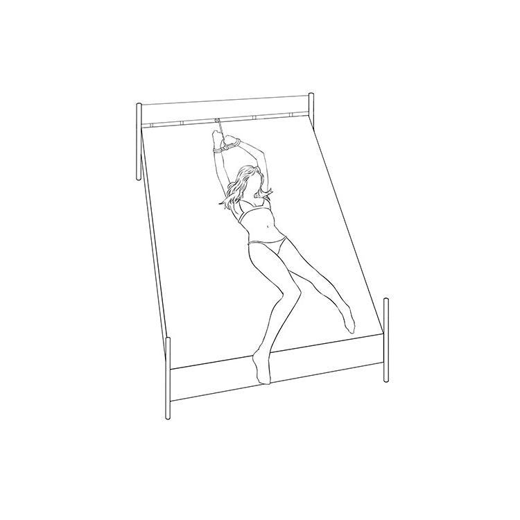 Illustration of a woman restrained on a bed using soft bondage rope for erotic control and playful restraint.