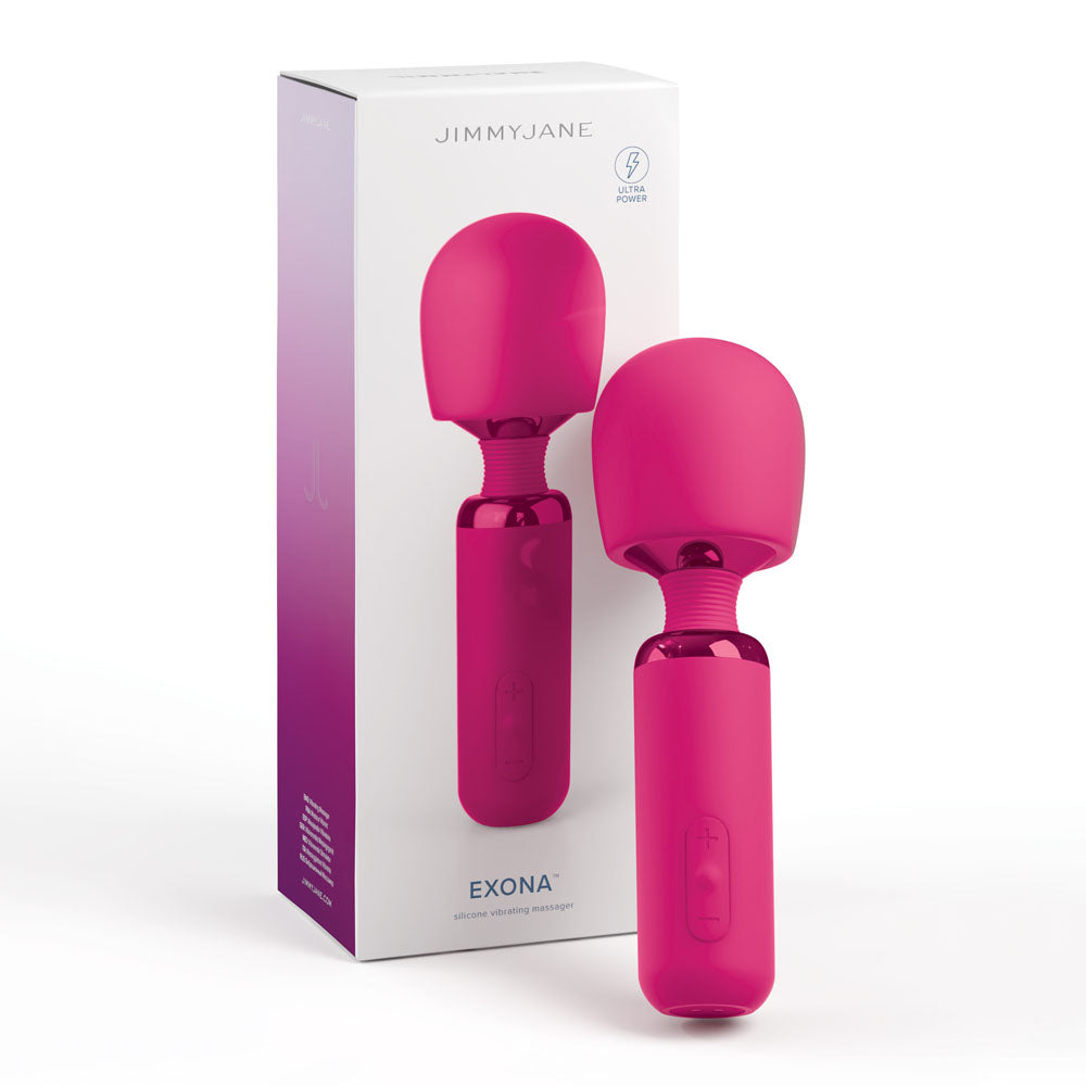 JimmyJane Exona - 18.3 cm USB Rechargeable Massage Wand in a sleek pink design, featured alongside its packaging.